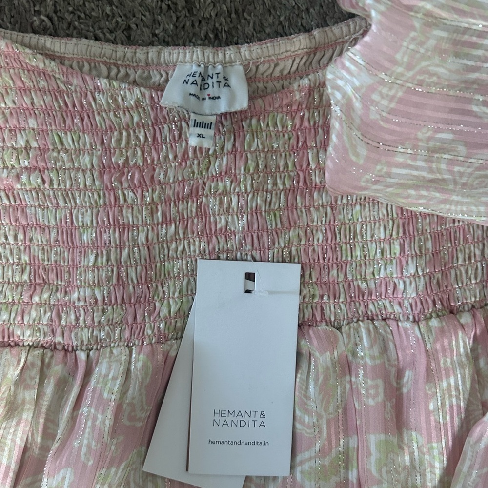 HEMANT & NANDITA Pink and Gold Metallic Smocked Tiered Dress - Picture 2 of 3